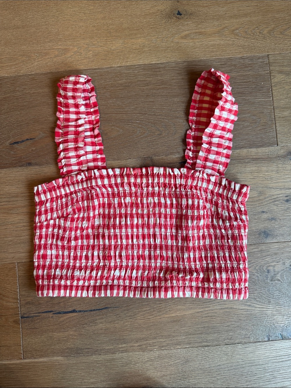 RHODE Red and White Gingham Smocked Crop Top